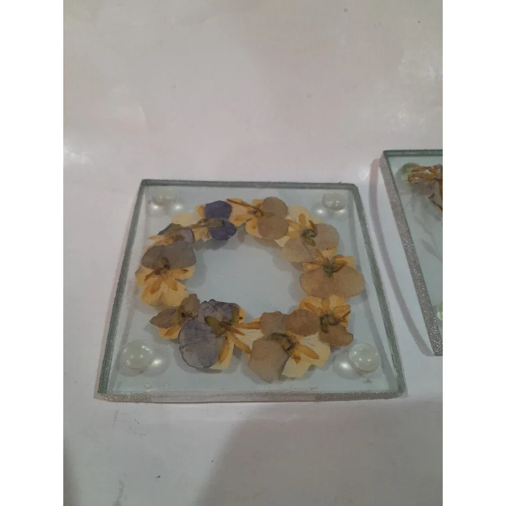 Vintage Coasters Glass Pressed Dried Flowers, Footed, Lot of 4